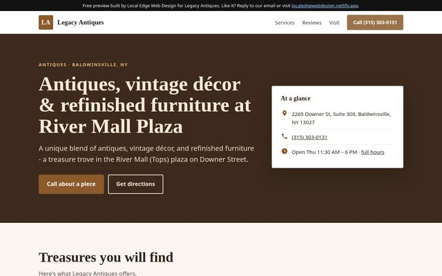 Preview concept for a Baldwinsville antiques shop
